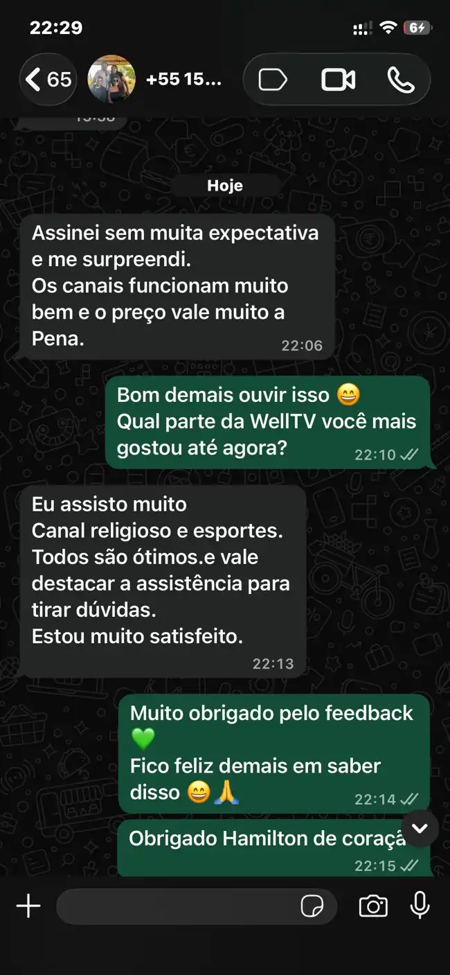 Feedback real de Hamilton, cliente WellTV
